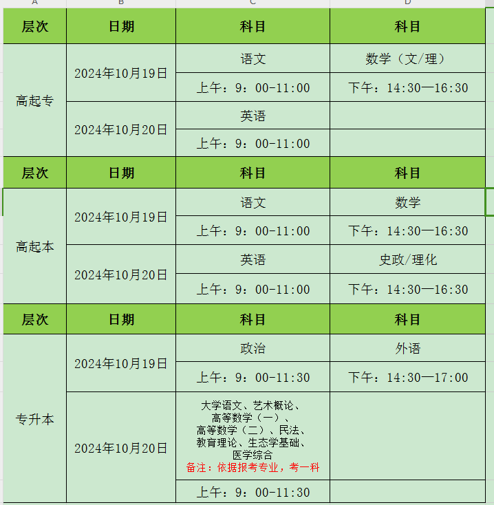 潍坊成人高考考试时间安排